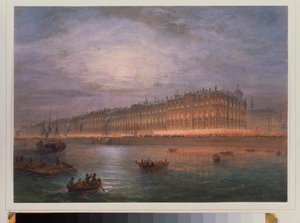 冬宮殿の夜景 (サンクトペテルブルク)。 Vasily Semyonovich Sadovnikov (1800-1879) の作品、紙に水彩。 19世紀のロシア美術。 国立エルミタージュ、サンクトペテルブルク。 作： Vasili Semenovich Sadovnikov