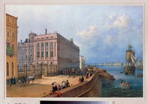 ネヴァ川の堤防とサンクトペテルブルクの大理石宮殿の眺め。 Vasily Semyonovich Sadovnikov (1800-1879) の作品、紙に水彩 作： Vasili Semenovich Sadovnikov