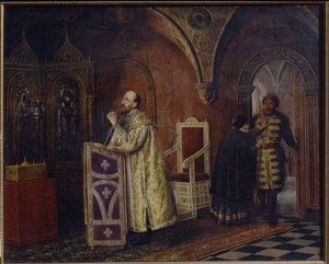 皇帝イヴァン 4 世 (1530-1584) の祈り (皇帝イヴァン 4 世の恐ろしい祈り)。 Vasili Vladimirovich Pukirev（Vassili Poukirev）（1832-1890）による絵画、キャンバスに油彩 作： Vasili Vladimirovits Pukirev