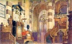 オペラ「ウリエル アコスタ」の舞台デザイン、ヴァレンティーナ セローヴァ作、1885 年。 作： Vasilij Dmitrievic Polenov