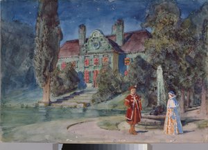 モデスト・ムソルグスキー (1839-1881) によるオペラ「ボリス・ゴドノフ」のための準備装飾、家の前の庭 - モデスト・ムソルグスキーによるオペラ「ボリス・ゴドゥノフ」の舞台デザイン - ヴァシーリー・ドミトリエヴィチ・ポレノフ (1844-1927) による作品、水彩、ガッシュ 作： Vasilij Dmitrievich Polenov