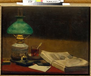 "Still life" 本、デスクランプ、グラス、ティーカップ - Vasili Polenov (1844-1927) の絵画 油彩／キャンバス Dim 61,3x79,3 cm Regional Art Museum, Lugansk 作： Vasilij Dmitrievich Polenov