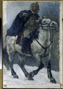 馬に乗ったアレクサンドル・スヴォーロフ (1729-1800)。 （馬に乗ったアレクサンダー・スボーロフ）。 ロシアの英雄は、イタリア遠征中 (1799-1800) に、ロシア軍の先頭に立ってアルプスを横断したと描写されています。 Vasilli Ivanovich Surikov (Vasily Surik) の絵画 作： Vasilij Ivanovic Surikov