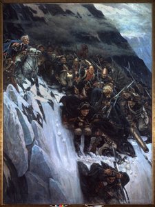 イタリア遠征 (1799-1800): アレクサンドル・スヴォーロフ (スワロウまたはソワロウ・リムニスキまたはリムニツコイ) (1729-1800) とロシア軍の 1799 年のアルプスの行進 - 1799 年のアルプスのスヴォーロフの行進 - ヴァシリー・イワノビッチ・スリコフによる絵画 作： Vasilij Ivanovic Surikov