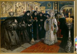 修道院を訪れる大公妃。 （ツァレヴナは修道院を訪れました）。 Vasilli Ivanovich Sourikov（Vasily SurikovまたはVasily Surikow）（1848-1916）による絵画、キャンバスに油彩
