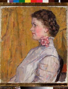 黄色の背景に女性の肖像画 (黄色の背景に女性の肖像画) - Vasilli Ivanovich Surikov (Vasily Surikov または Vassili Surikow) による絵画 (1848-1916)、キャンバスに油彩