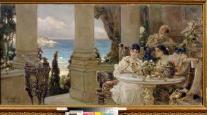 Sur la terrasse - Peinture de Vassili (Vasili, Vasilii, Wilhelm) Alexandrovich Kotarbinsky (Kotarbinski, Kotarbinskii) (1849-1921), huile sur toile - テラスで、Vasilii Alexandrovich Kotarbinsky によるキャンバスに油彩 - 地方美術館、Kirovohrad 作： Vasily Alexandrovich Kotarbinsky