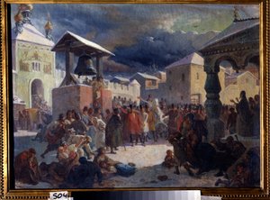 ノヴゴロド共和国の veche (スラブ諸国の中世の人々 の集会) (ノヴゴロド共和国の veche)。 Vasili Grigorievich Khudyakov (1826-1871) による絵画。 キャンバスに油彩 作： Vasily Grigorievich Khudyakov