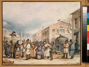 サンクトペテルブルクの干し草の市場 - Vasili Ivanovich Shternberg (1818-1845) の作品、紙に水彩 作： Vasily Ivanovich Sternberg