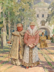 修道院の門の外 - Vasily Ivanovich Navozov (1862-1919) の絵画、キャンバスに油彩 (49x41.5 cm) 作： Vasily Ivanovich Navozov