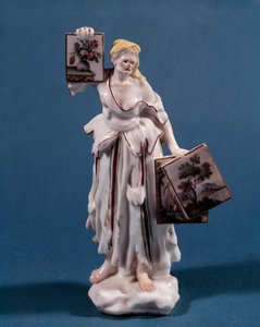 若い女性が版画を売ったり見せたりしている様子を表現した磁器の彫像。18世紀のヴェネチア派。パリ、装飾美術 作： Venetian School