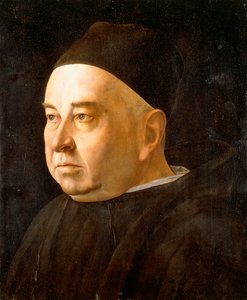 黒いコートと帽子をかぶったクレリックの胸像の肖像、c.1490 作： Venetian School