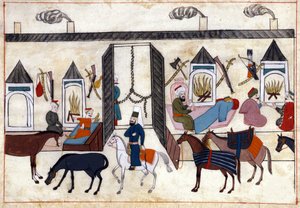 オスマン帝国時代のトルコにおけるキャラバンの内部の様子。ミニチュア「トルコの記念品」（codex Cicogna 1971 "Memorie Turchesche"）より 17世紀ヴェネツィア派の水彩画。 作： Venetian School