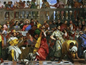 カナの結婚のごちそう、ミュージシャンと犬の詳細、c.1562油彩、94932 作： Paolo Veronese