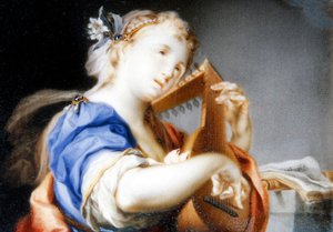 白地に青のローブを着てリュートを弾く女性（パネルに油彩、ガッシュ、水彩） 作： Veronica Stern