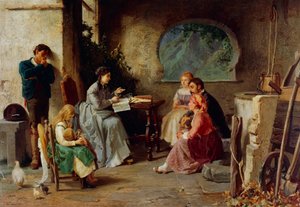 ベスパことヴェスパシアーノ・ビニャーミ（1841-1929）による「植物学の授業」、油彩・キャンバス、84x119cm、イタリア 作： Vespasiano Bignami