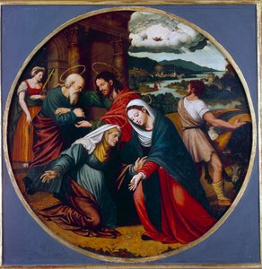 ビジュー。聖母マリアと聖女エリザベスの出会い。奥には聖ヨセフとゼカリヤ。Juan Vincente Macip (1490-1550) の絵画 Ec.Esp. 作： Vicente Juan (c.1510 79) Macip