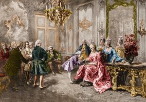 ヴォルファング・アマデウス・モーツァルト（1756-1791）ポンパドゥール夫人（侯爵夫人）のもとで（ヨーロッパツアー中のモーツァルトの家族）（1763-1766）M.V.デ・パレデスの絵をもとにしたエングレーヴィング。 作： Vicente de (after) Paredes