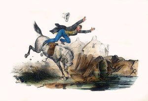 騎手が馬の突進を受けて倒れている。1850年頃、パリで制作されたヴィクトル・アダムの挿絵「グロテスク・アルバム、傑出したタイプのチョイス」に収録。 作： Victor Adam