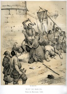 1358年7月、王党派の指導者の一人であったエシュヴァン、ジャン・マイヤールによる、富裕な呉服商、プレヴォ・デ・マルセル（1316-1358年）の暗殺。ヴィクトール・アダム（1801-1866）による版画。 作： Victor Adam
