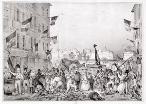 1830年7月29日、ドーフィーヌ通りのバリケード、H。デラポルテによって彫刻