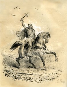 732年、ポワチエでアラブ軍に勝利したシャルル・マルテル（688-741）。19世紀半ばにアルダン兄弟によって出版された『中世のフランス』に掲載された、ヴィクトル・アダム（1801-1866）によるエングレーヴィング。 作： Victor Adam