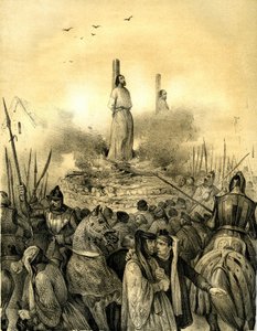 テンプル騎士団最後の教主ジャック・ド・モレイ（モライ）（1243-1314）の肉屋での死（1298年）。フィリップ・ル・ベルは彼を逮捕し（1307年）、拷問して投獄した後、ノルマンディーの司令官ジェフロワ・ド・シャルンと共に生きたまま火刑に処した。 作： Victor Adam