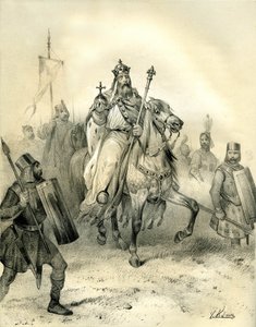 皇帝シャルルマーニュは、権力の紋章を身につけ、鎧に身を包んだ兵士たちの先頭に立つ。19世紀半ばにアルダン兄弟によって出版された『中世のフランス』に掲載された、ヴィクトル・アダム（1801-1866）によるエングレーヴィング。 作： Victor Adam