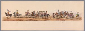 ユトレヒト大学創立 200 周年の歴史的な行進、1836 年（プレート 5） 1600 年 7 月 3 日、ニーウポールトでの勝利の翌日、オステンデへのオランダ軍の進軍。 H H Studentの衣装パフォーマンスによる 作： Victor Adam
