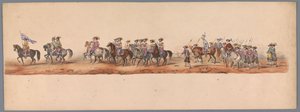 ユトレヒト大学創立 200 周年の歴史的な行進、1836 年（プレート 5） 1600 年 7 月 3 日、ニーウポールトでの勝利の翌日、オステンデへのオランダ軍の進軍。 H H Studentの衣装パフォーマンスによる 作： Victor Adam