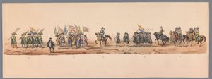1836年、ユトレヒト大学の200周年記念の歴史的な行進（プレート9） 1600 年 7 月 3 日、ニーウポールトでの勝利の翌日、オステンデへのオランダ軍の進軍。 H H Studentの衣装パフォーマンスによる