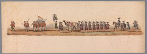1836年、ユトレヒト大学の200周年記念の歴史的な行進（プレート3） 1600 年 7 月 3 日、ニーウポールトでの勝利の翌日、オステンデへのオランダ軍の進軍。 H H Studentの衣装パフォーマンスによる 作： Victor Adam