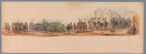 ユトレヒト大学創立 200 周年の歴史的な行進、1836 年（プレート 10） 1600 年 7 月 3 日、ニーウポールトでの勝利の翌日、オステンデへのオランダ軍の進軍。 H・H・スチューデンの着ぐるみパフォーマンスによると 作： Victor Adam