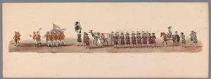 1836年、ユトレヒト大学の200周年記念の歴史的な行進（プレート3） 1600 年 7 月 3 日、ニーウポールトでの勝利の翌日、オステンデへのオランダ軍の進軍。 H H Studentの衣装パフォーマンスによる 作： Victor Adam