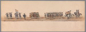 ユトレヒト大学創立 200 周年の歴史的な行進、1836 年（プレート 4） 1600 年 7 月 3 日、ニーウポールトでの勝利の翌日、オステンデへのオランダ軍の進軍。 H H Studentの衣装パフォーマンスによる