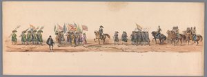1836年、ユトレヒト大学の200周年記念の歴史的な行進（プレート9） 1600 年 7 月 3 日、ニーウポールトでの勝利の翌日、オステンデへのオランダ軍の進軍。 H H Studentの衣装パフォーマンスによる