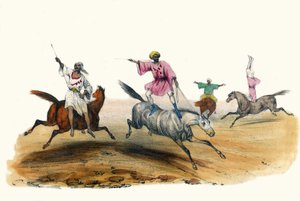 La voltige, par des Bedouins. "Album Grotesque, Choices of Types Remarkable "の中の、Victor Adamによるイラスト、1850年頃のパリ。 作： Victor Adam
