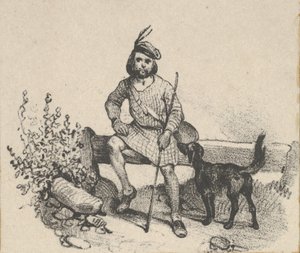 犬と一緒に座っている男性、19 世紀半ば。 作： Victor Adam