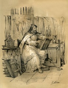 聖エロイ (588-660年) フランク王ダゴベール1世の金細工師兼トレゾリエ。ヴィクトール・アダム（1801-1866）が中世にアルダン兄弟から出版された本『中世のフランス』の中で描いたエングレーヴィング。 作： Victor Adam