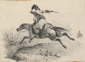 疾走する馬に乗った兵士、19 世紀半ば。