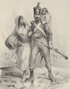 腕に女性、背中に子供を乗せた兵士、19 世紀半ば.. 作： Victor Adam