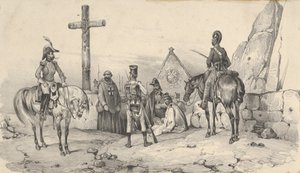 聖職者と十字架のある教会の前に集まった兵士たち、19 世紀半ば。 作： Victor Adam