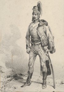 19 世紀半ば、片方の肩に上着を着た立っている兵士。 作： Victor Adam
