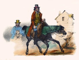 儲け話をしている牛肉商人。1850年頃、パリで制作されたヴィクター・アダムの挿絵「グロテスク・アルバム、傑出したタイプの選択」に収録されている。 作： Victor Adam