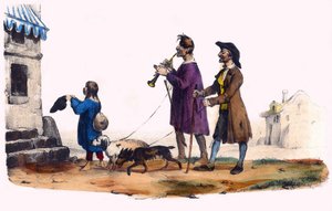 犬に導かれた二人の盲人と乞食の子供。1850年頃、パリで制作されたヴィクトル・アダムのイラストによる「グロテスク・アルバム、傑出したタイプの選択」に収録されています。