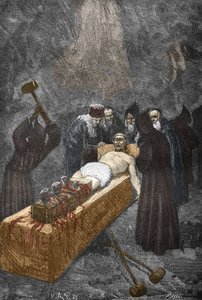 1630年頃のLoudun (demons de Loudun) のPosssedesの事件: 魔女狩り、悪魔と協定を結び、修道女の魔法を持っていると非難したとされるフランスの司祭Urbain Grandier (1590-1634) は、刺繍への拷問です - (Urbain グランディエ、フレンチ 作： Victor Armand Poirson