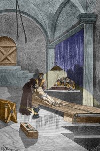1588 年 5 月 25 日、生きたまま焼かれる前に拷問を受けた、魔術で告発された司祭ピエール オペティ (彫刻) 作： Victor Armand Poirson