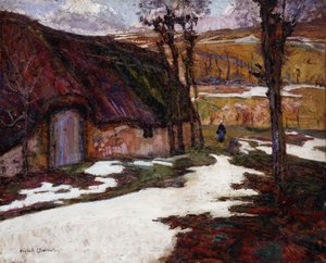 わらぶき小屋の前の農民。 Chaumiereの前の農民 作： Victor Charreton