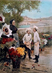 パトロンのパーティー 見習いの花屋と波止場の花屋。ヴィクター・ガブリエル・ギルバート（1847-1933）の絵の後のエングレーヴィング 19世紀パリ、装飾美術