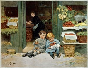 ツアーの彼。母親の食料品の前でトーストを食べる子供。少女は膝の上に人形を乗せている。ヴィクトル・ジルベール（1847-1935）の絵画。パリ、装飾美術 作： Victor Gabriel Gilbert